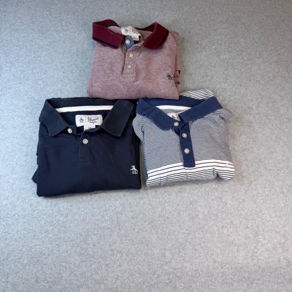 Original Penguin Mens Polo Shirts Lot of 3 Size L Navy Burgundy Striped Pique